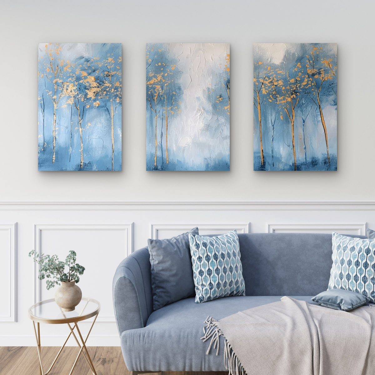 3pcs Abstract Blue Gold Tree Forest Painting Wall Art Set Canvas Framed 60x90cm - High Quality Print 100% Australian Made Wall Canvas Ready to Hang