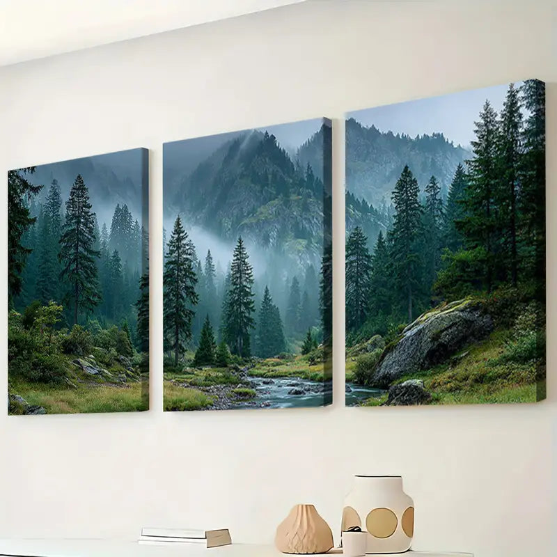 3pcs Canadian Forest Misty Stream Scene Wall Art Set Canvas Framed 60x90cm - High Quality Print 100% Australian Made Wall Canvas Ready to Hang