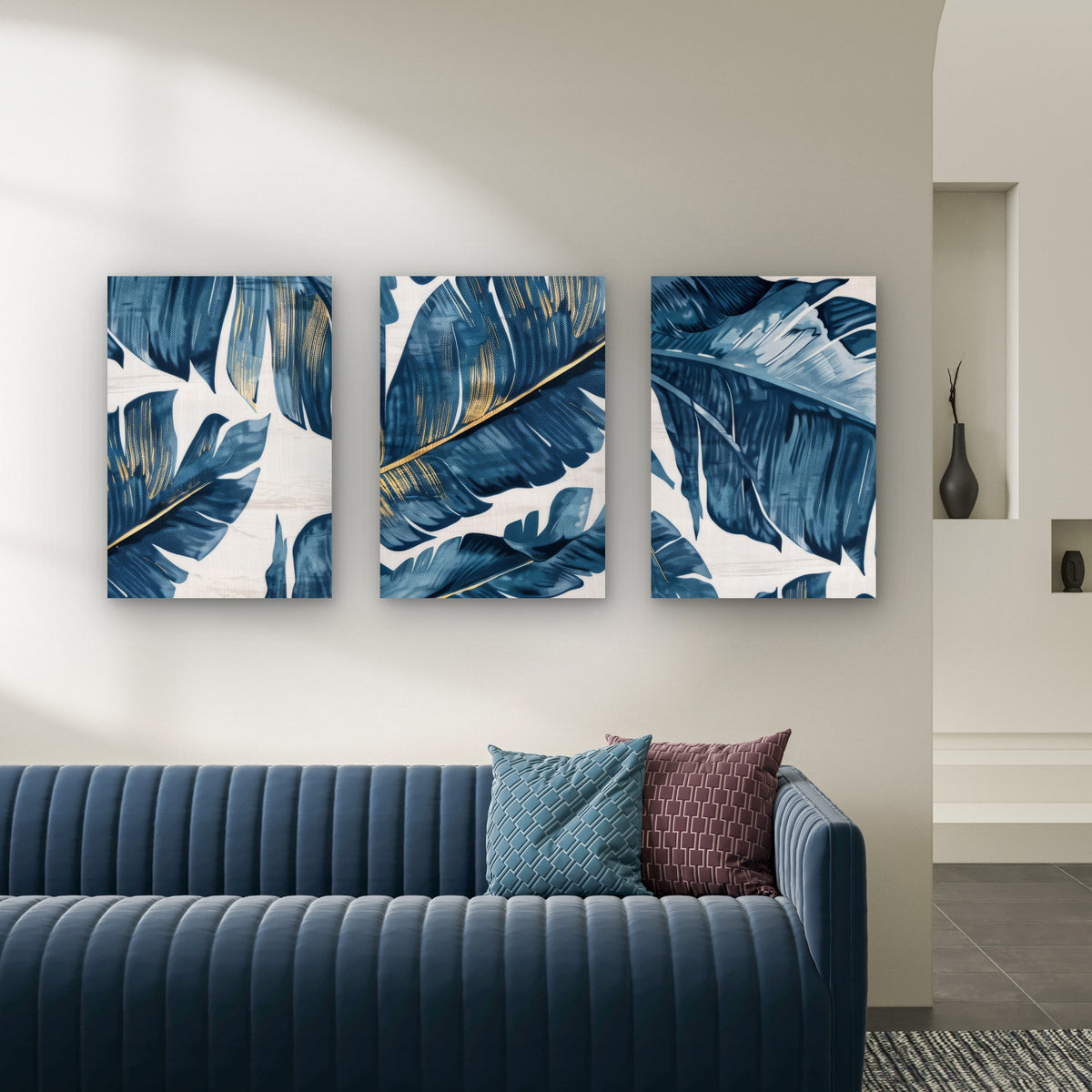 3pcs Navy Gold Tropical Banana Leaves Modern Wall Art Set Canvas Framed 60x90cm - High Quality Print 100% Australian Made Wall Canvas Ready to Hang
