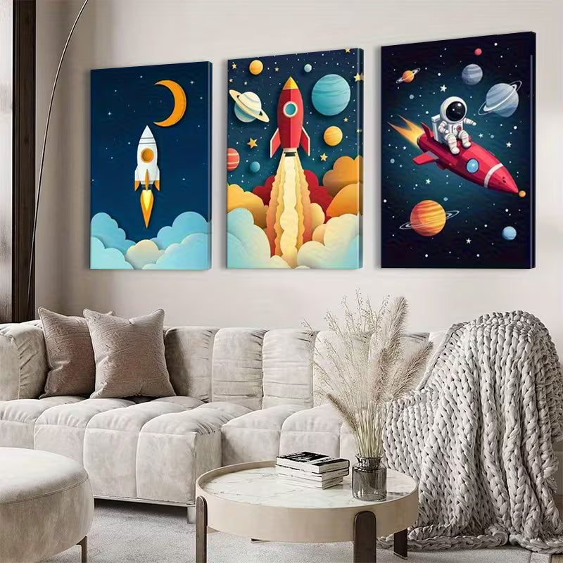 3pcs Vibrant Cartoon Rockets & Astronauts Wall Art Set Canvas Framed 40x60cm - High Quality Print 100% Australian Made Wall Canvas Ready to Hang