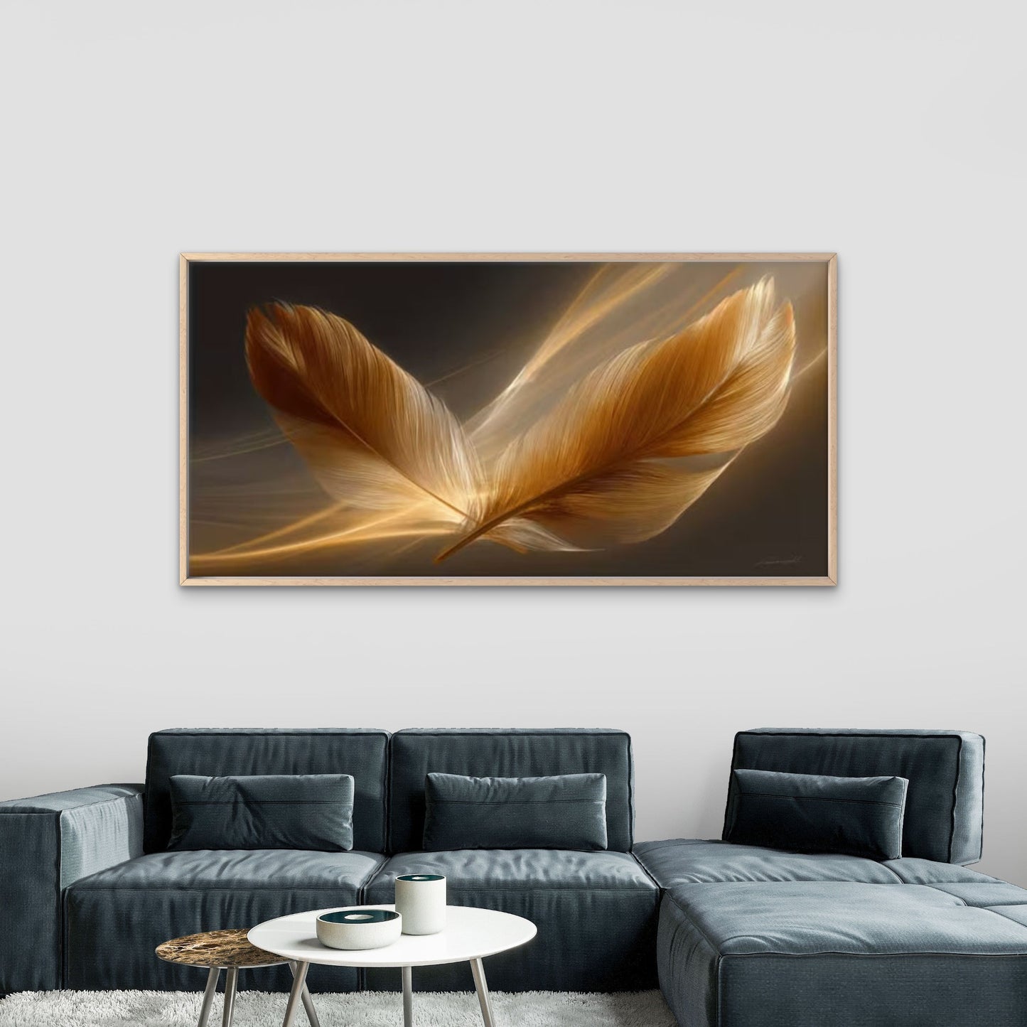 Golden & Brow Feather Wall Art Canvas Office Home Room Framed 120x60cm