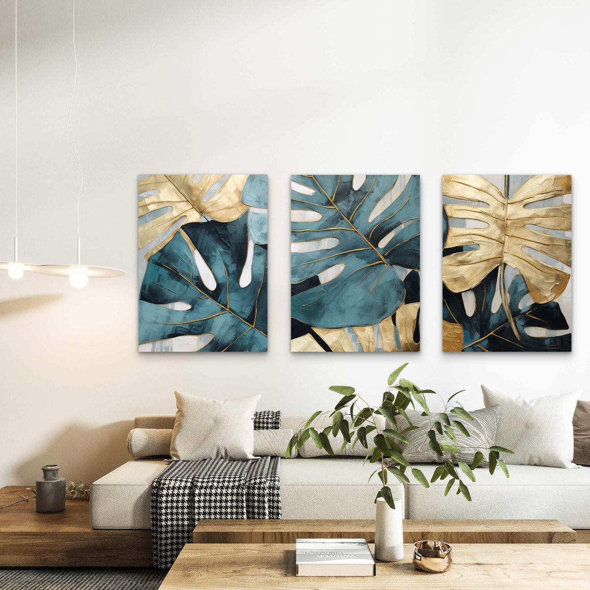 3pcs Tropical Monstera Teal Gold Leaf Wall Art Set Canvas Framed 50x70cm - High Quality Print 100% Australian Made Wall Canvas Ready to Hang