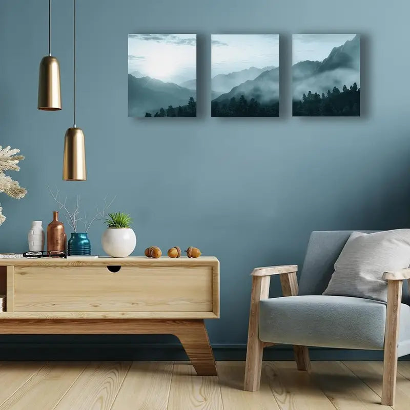 3pcs Mountain & Forest Landscape With Sunrise Metal Print Ready to Hang Art