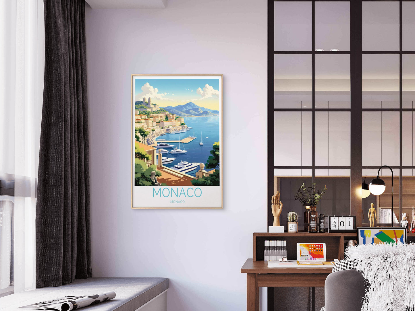 Monaco Country in Europe, Yacht in Sea Travel Poster Print Wall Art