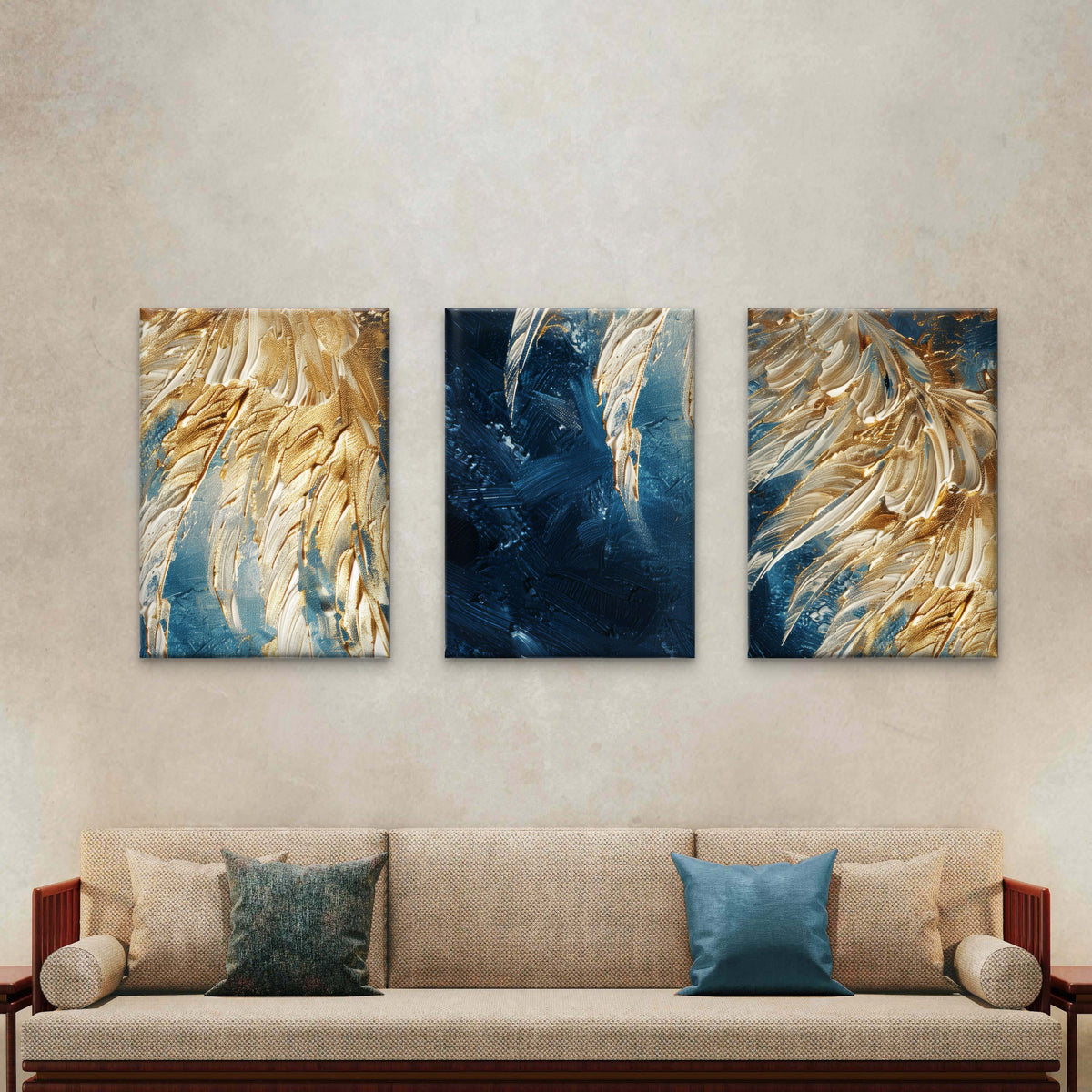 3pcs Navy Blue Gold Foil Feather Abstract Wall Art Set Canvas Framed 40x60cm - High Quality Print 100% Australian Made Wall Canvas Ready to Hang