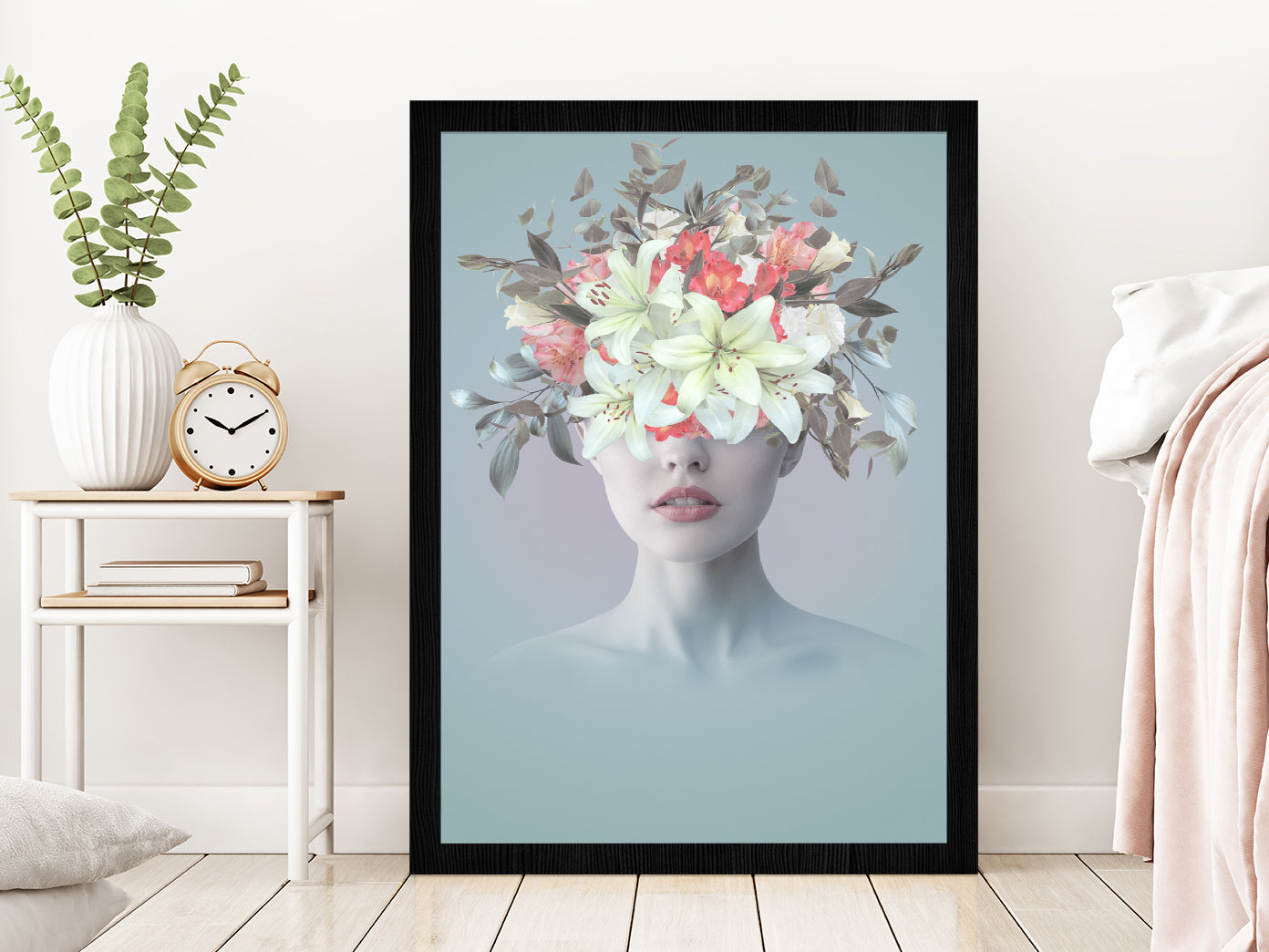 Young Woman With Flowers Abstract Glass Framed Wall Art, Ready to Hang Quality Print Without White Border Black
