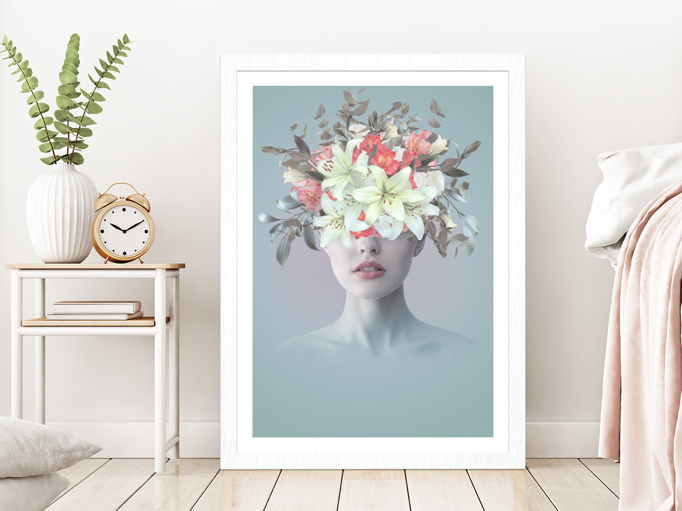 Young Woman With Flowers Abstract Glass Framed Wall Art, Ready to Hang Quality Print With White Border White