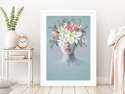 Young Woman With Flowers Abstract Glass Framed Wall Art, Ready to Hang Quality Print With White Border White