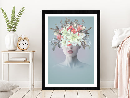 Young Woman With Flowers Abstract Glass Framed Wall Art, Ready to Hang Quality Print With White Border Black