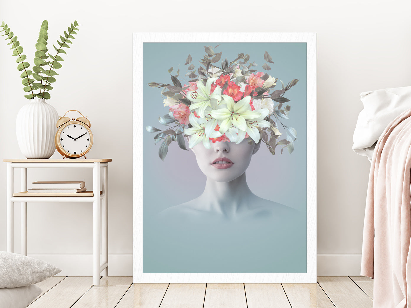 Young Woman With Flowers Abstract Glass Framed Wall Art, Ready to Hang Quality Print Without White Border White