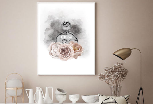 Round Perfume Bottle with Flowers Home Decor Premium Quality Poster Print Choose Your Sizes