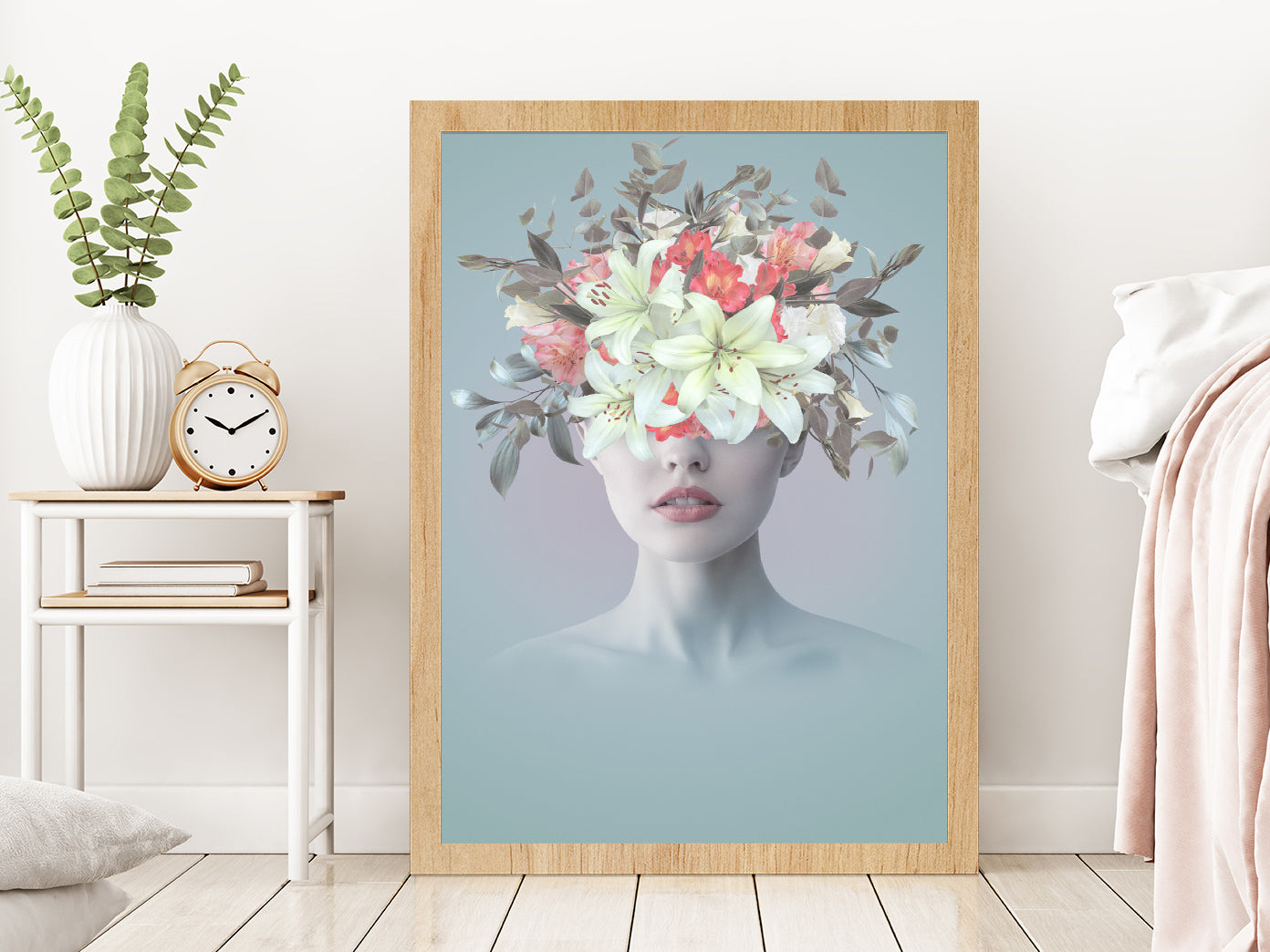 Young Woman With Flowers Abstract Glass Framed Wall Art, Ready to Hang Quality Print Without White Border Oak