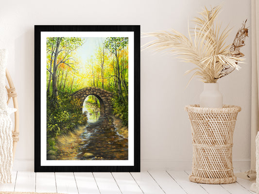 Forest Lake with Bridge Spring Glass Framed Wall Art, Ready to Hang Quality Print With White Border Black