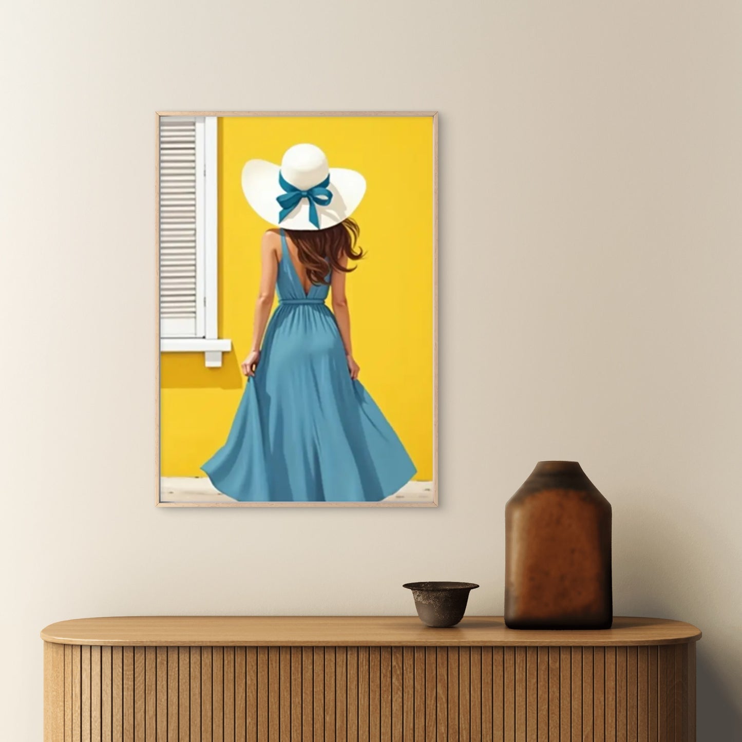 Elegant Woman in Blue Dress and Wide-Brimmed Hat Fashion Home Decor Premium Quality Poster Print Choose Your Sizes