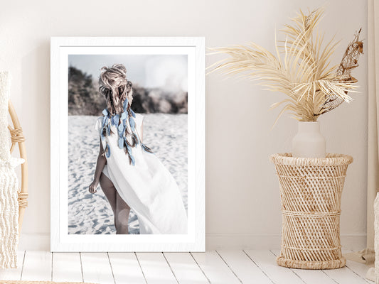 Girl on Sand Beach View Photograph Glass Framed Wall Art, Ready to Hang Quality Print With White Border White