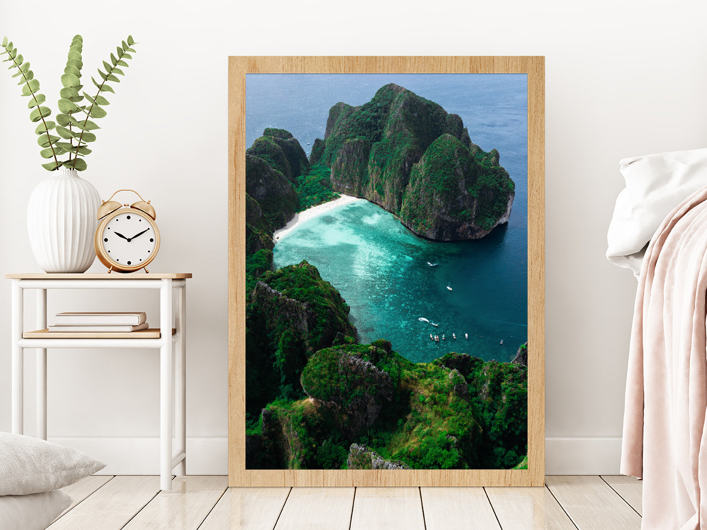Maya Bay is Crown Phi Phi Islands Glass Framed Wall Art, Ready to Hang Quality Print Without White Border Oak
