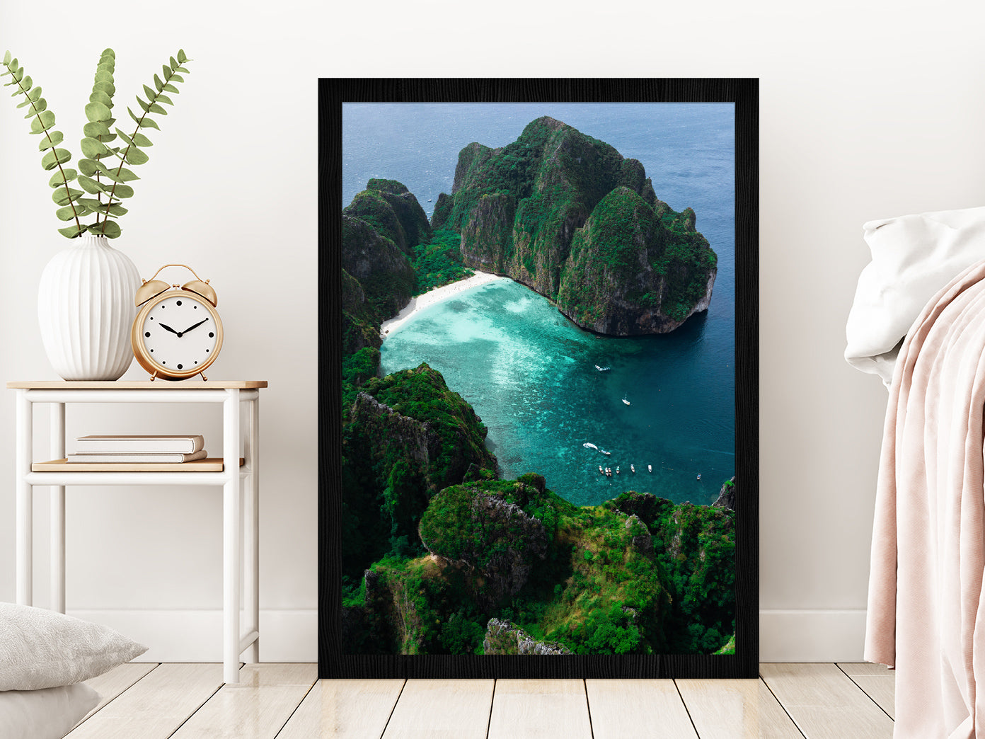 Maya Bay is Crown Phi Phi Islands Glass Framed Wall Art, Ready to Hang Quality Print Without White Border Black