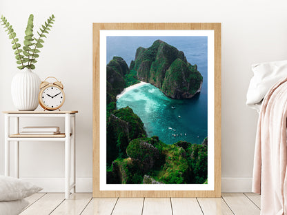 Maya Bay is Crown Phi Phi Islands Glass Framed Wall Art, Ready to Hang Quality Print With White Border Oak