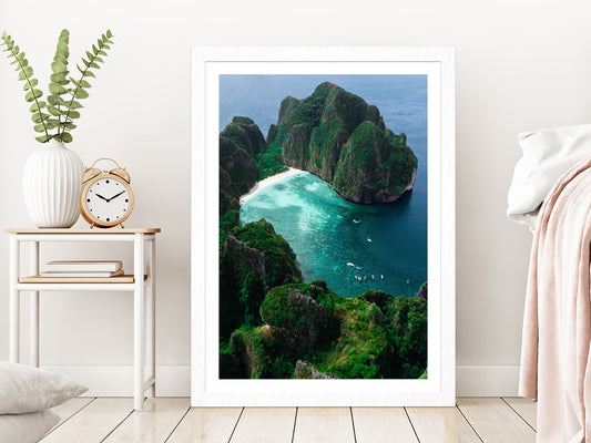 Maya Bay is Crown Phi Phi Islands Glass Framed Wall Art, Ready to Hang Quality Print With White Border White