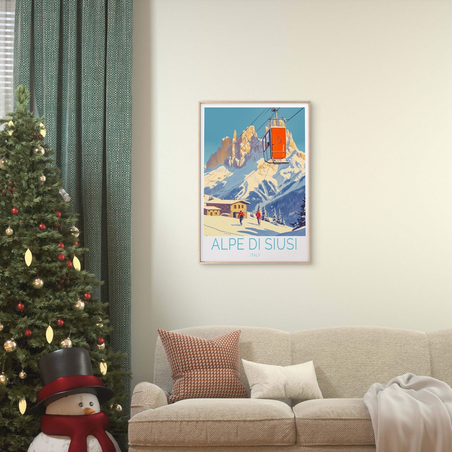 Alpe Di Siusi Italy, Cable Bus and Snow Travel Poster Print Wall Art