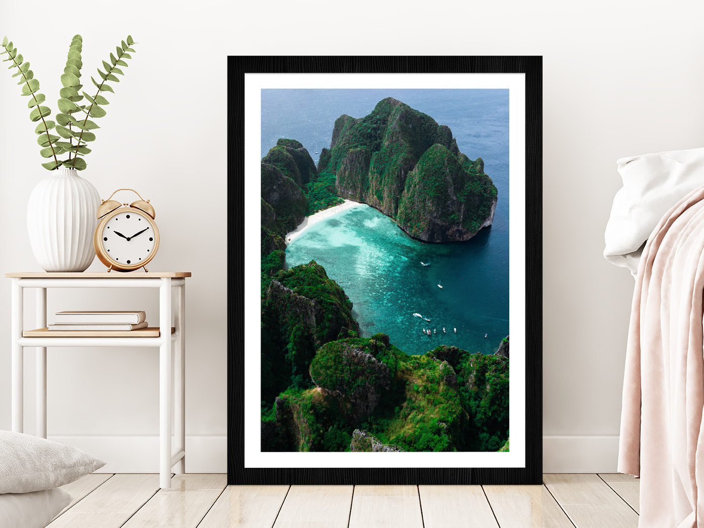 Maya Bay is Crown Phi Phi Islands Glass Framed Wall Art, Ready to Hang Quality Print With White Border Black