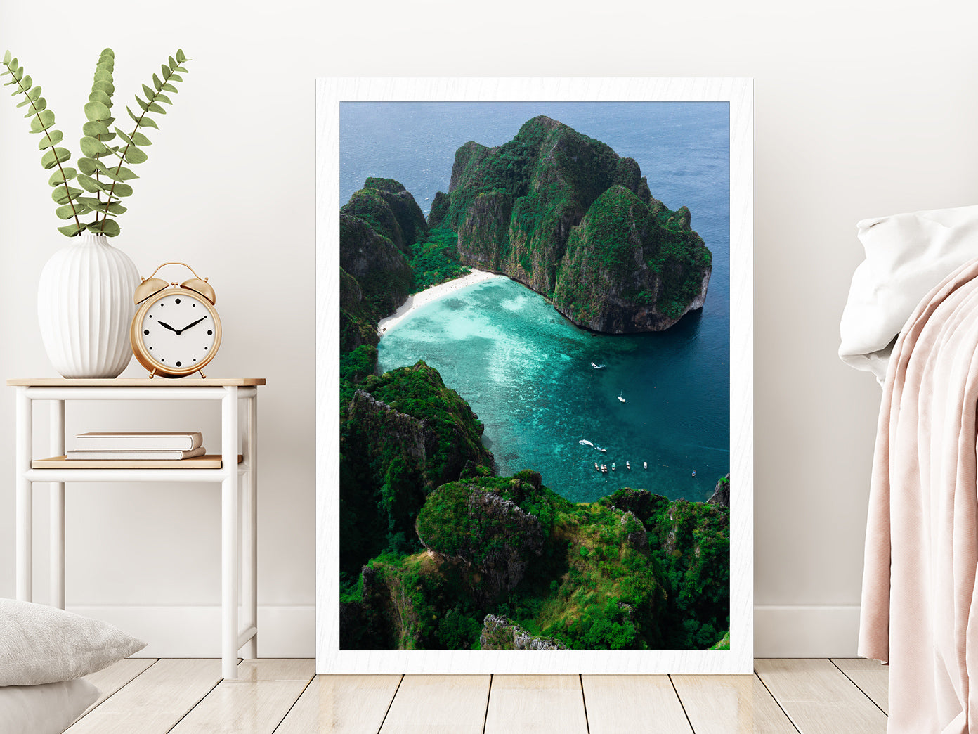 Maya Bay is Crown Phi Phi Islands Glass Framed Wall Art, Ready to Hang Quality Print Without White Border White