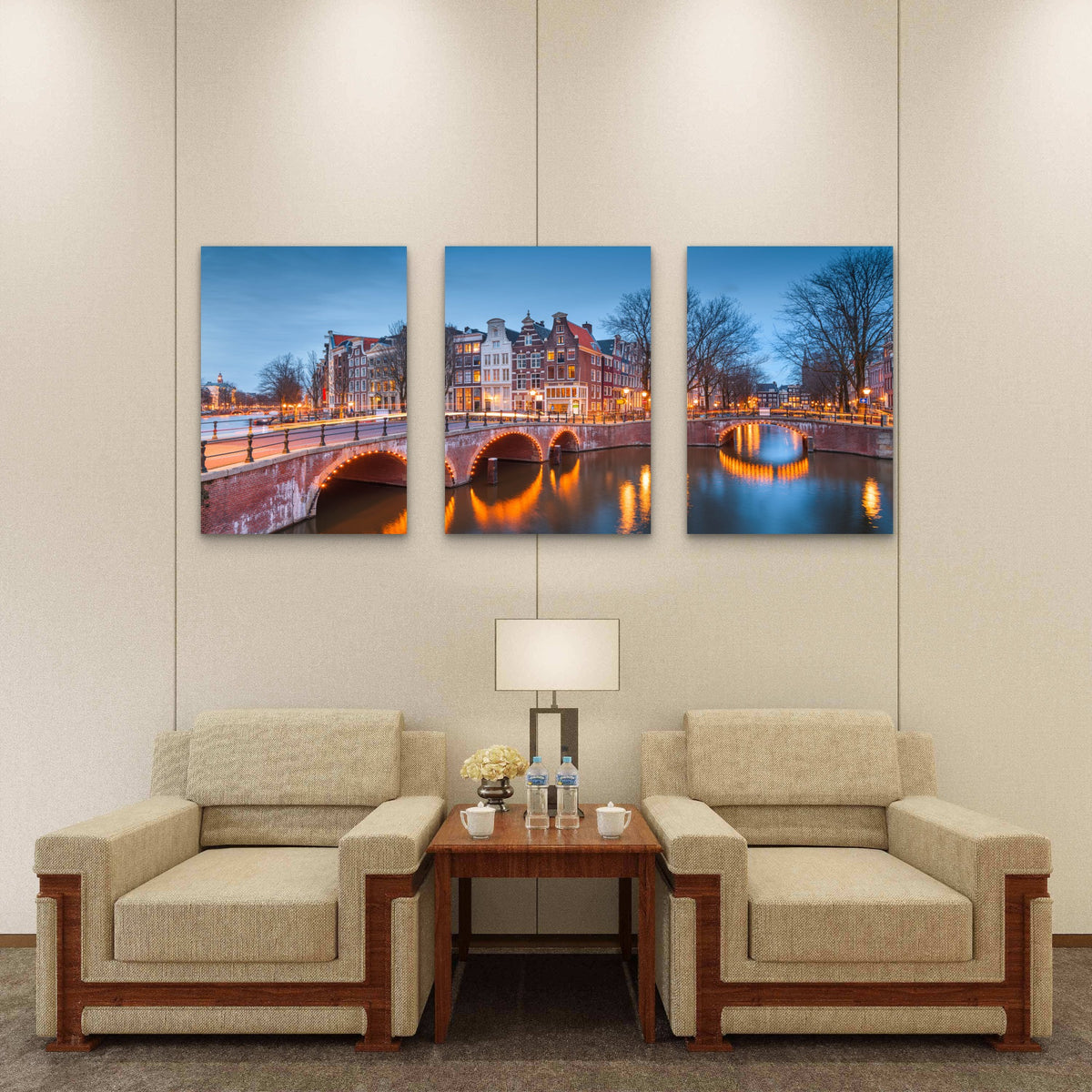 3pcs Amsterdam Canal Bridges at Night Wall Art Set Canvas Framed 50x70cm - High Quality Print 100% Australian Made Wall Canvas Ready to Hang