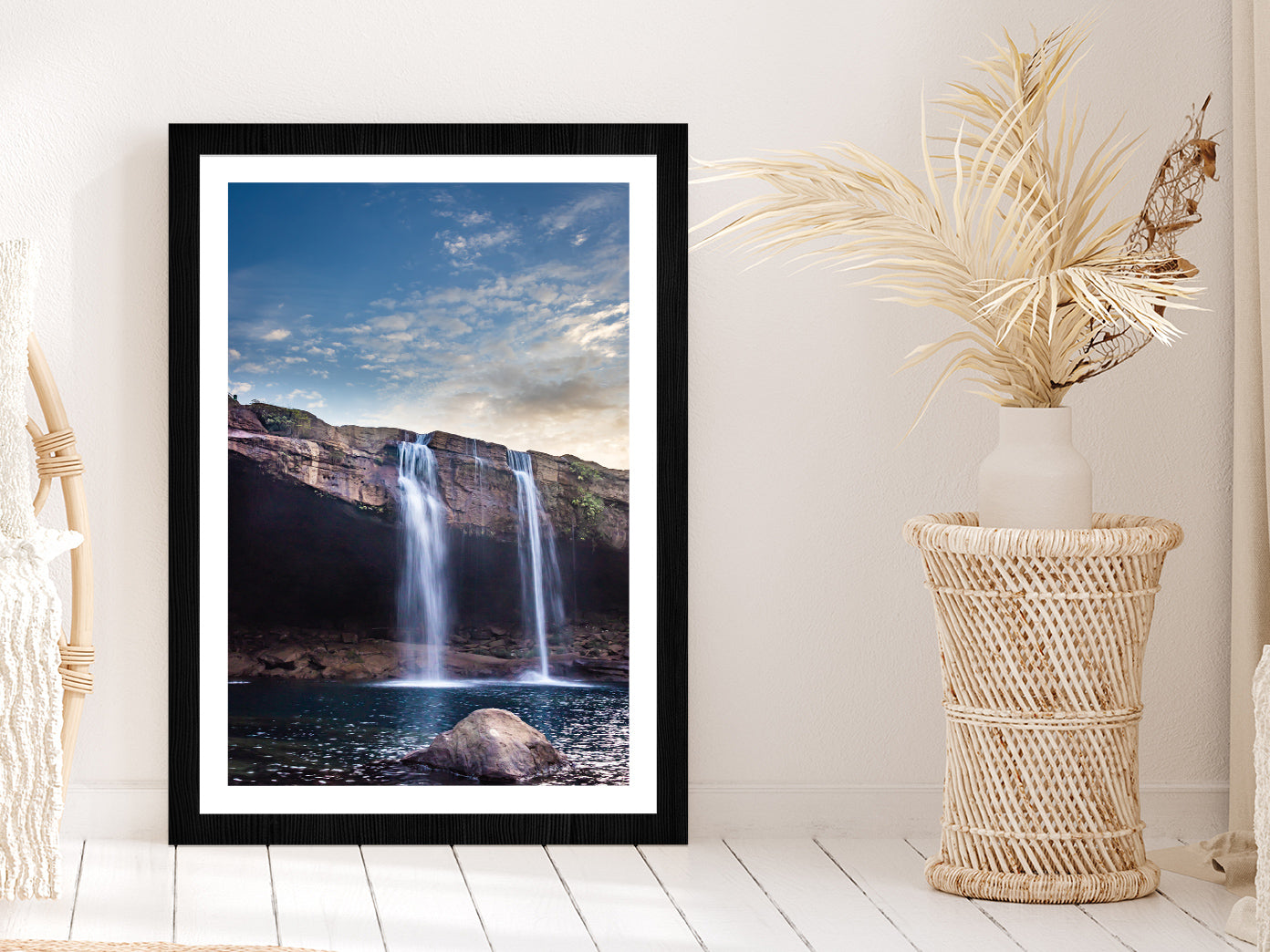 Waterfall Falling From Mountain Glass Framed Wall Art, Ready to Hang Quality Print With White Border Black