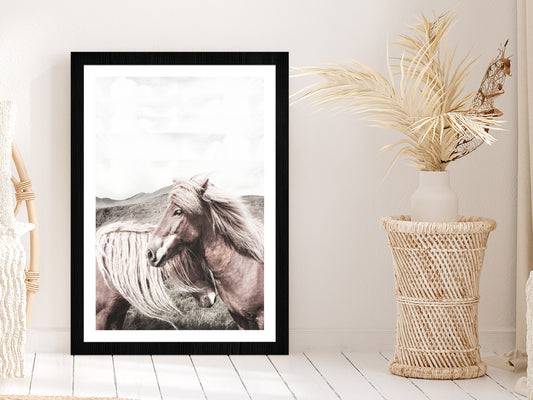 Faded Horse Closeup Side View Photograph Glass Framed Wall Art, Ready to Hang Quality Print With White Border Black