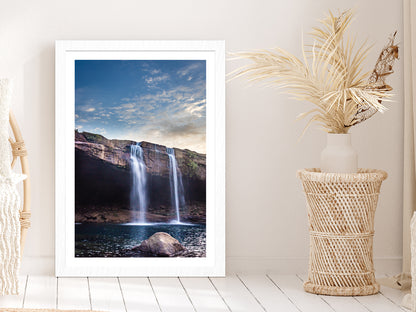 Waterfall Falling From Mountain Glass Framed Wall Art, Ready to Hang Quality Print With White Border White
