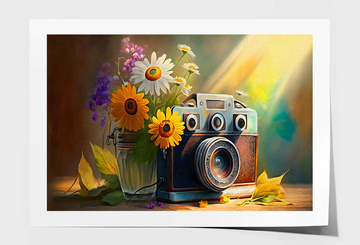 Camera with Fresh Flowers & Sun Wall Art Limited Edition High Quality Print Unframed Roll Canvas None