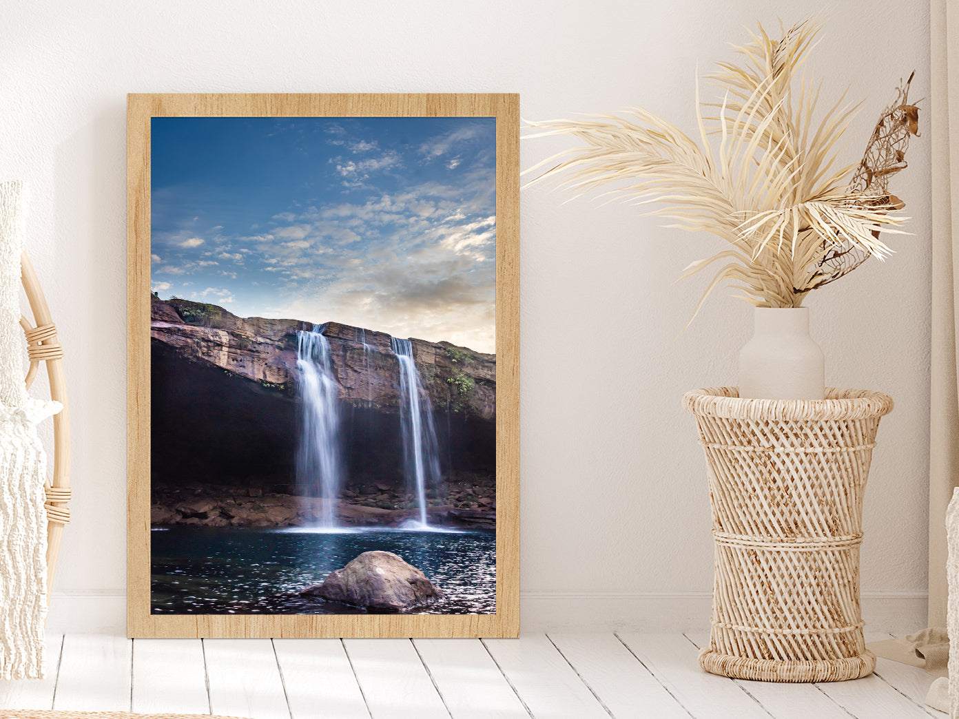 Waterfall Falling From Mountain Glass Framed Wall Art, Ready to Hang Quality Print Without White Border Oak