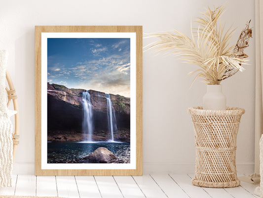 Waterfall Falling From Mountain Glass Framed Wall Art, Ready to Hang Quality Print With White Border Oak