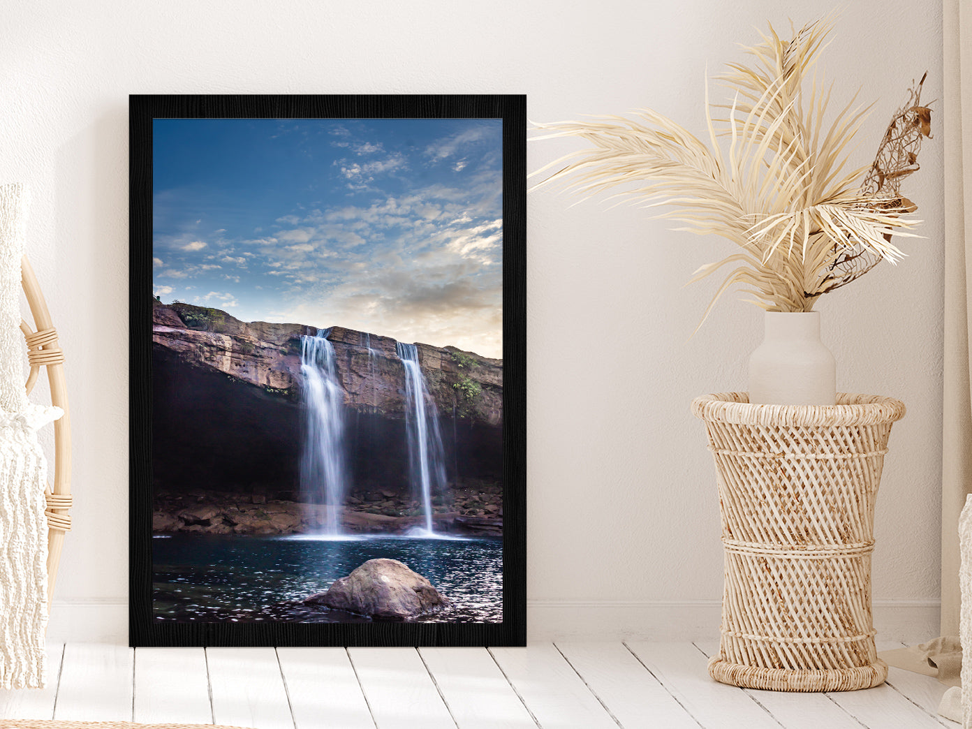 Waterfall Falling From Mountain Glass Framed Wall Art, Ready to Hang Quality Print Without White Border Black