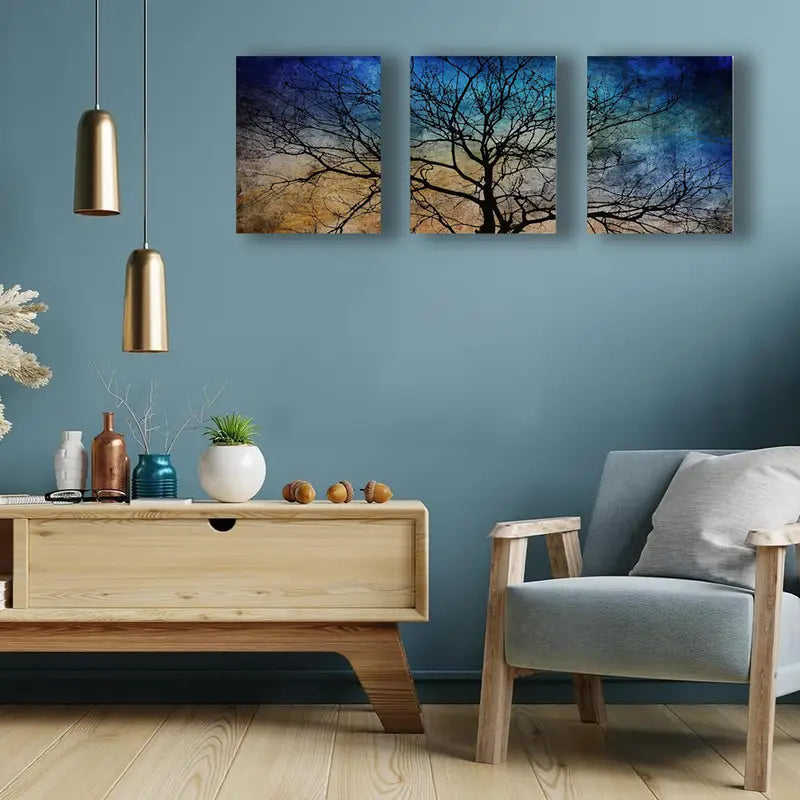 3pcs Tree Silhouette On Blue & Brown Background Metal Print Ready to Hang Art