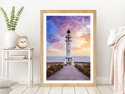 Road Leading To Lighthouse sunset Glass Framed Wall Art, Ready to Hang Quality Print With White Border Oak