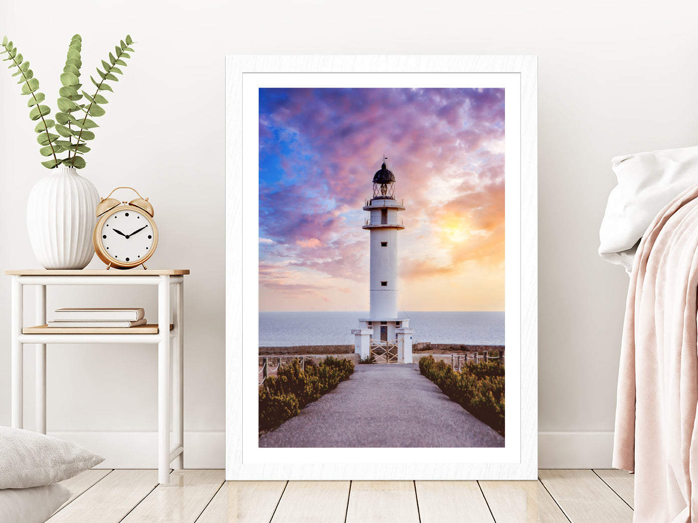 Road Leading To Lighthouse sunset Glass Framed Wall Art, Ready to Hang Quality Print With White Border White