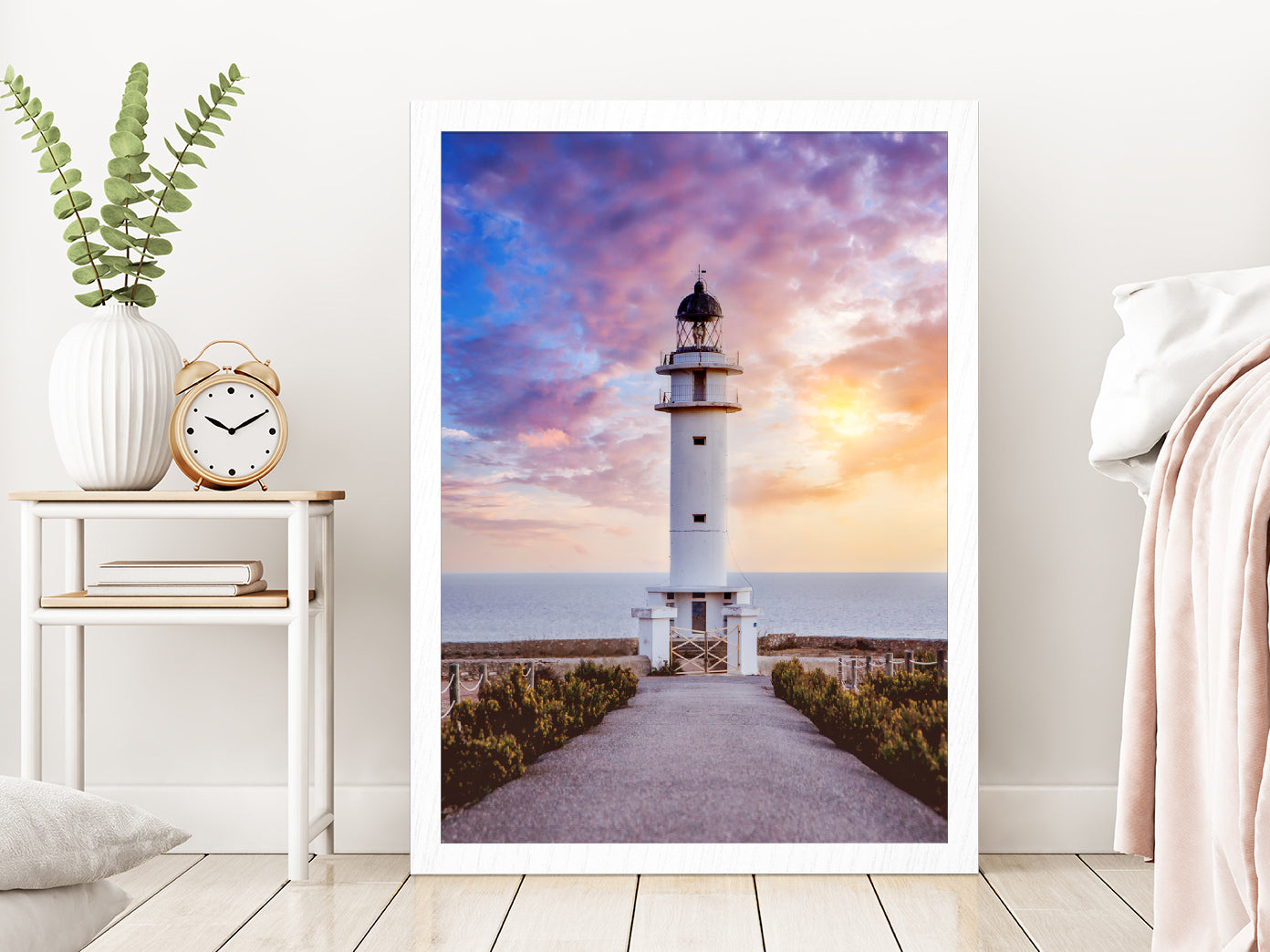 Road Leading To Lighthouse sunset Glass Framed Wall Art, Ready to Hang Quality Print Without White Border White