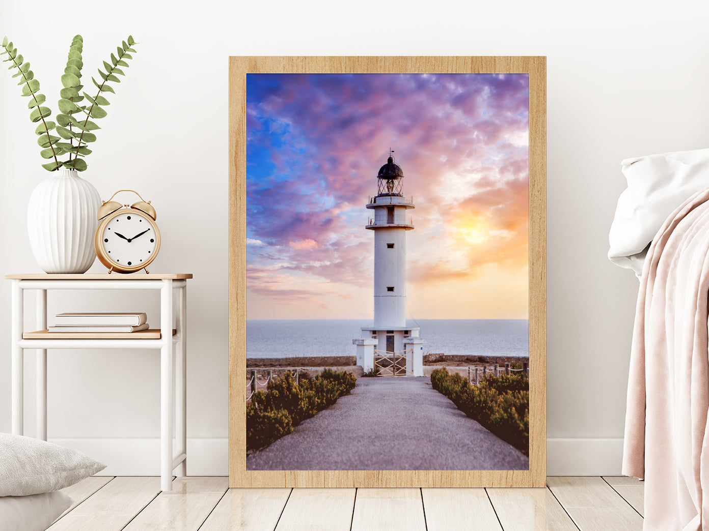 Road Leading To Lighthouse sunset Glass Framed Wall Art, Ready to Hang Quality Print Without White Border Oak