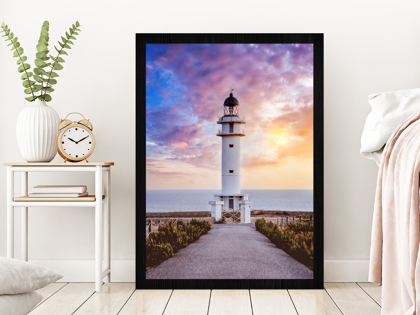 Road Leading To Lighthouse sunset Glass Framed Wall Art, Ready to Hang Quality Print Without White Border Black