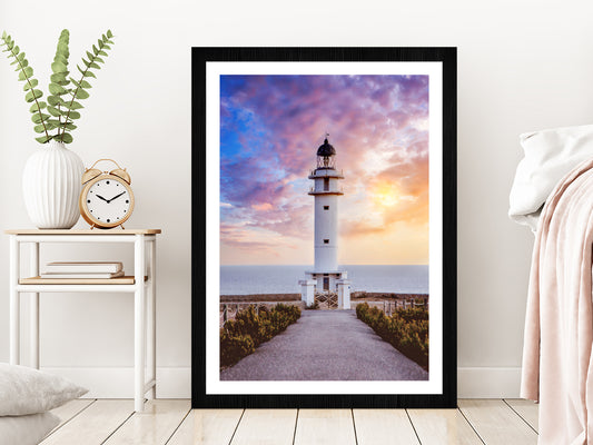 Road Leading To Lighthouse sunset Glass Framed Wall Art, Ready to Hang Quality Print With White Border Black