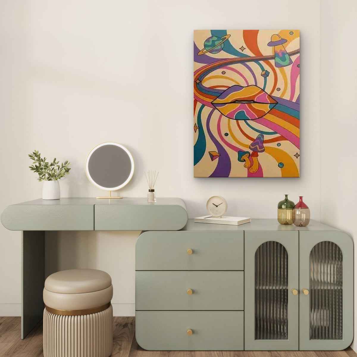 Psychedelic Lips with Swirls, Planets, UFO, Mushrooms Metal Print Ready to Hang