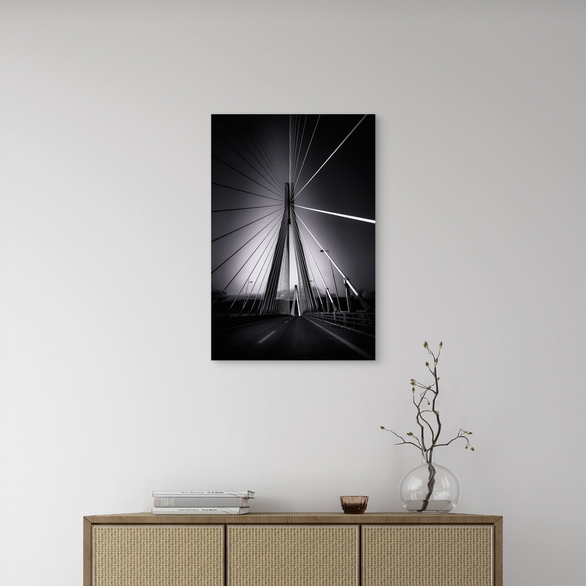 Black White Cable Stayed Suspension Bridge 40x60cm Metal Print Ready to Hang