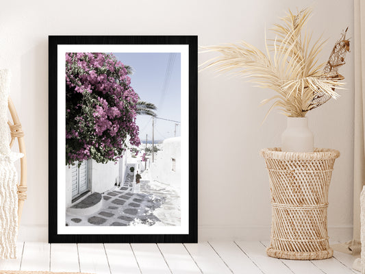 House near Flower Trees Street Photograph Glass Framed Wall Art, Ready to Hang Quality Print With White Border Black