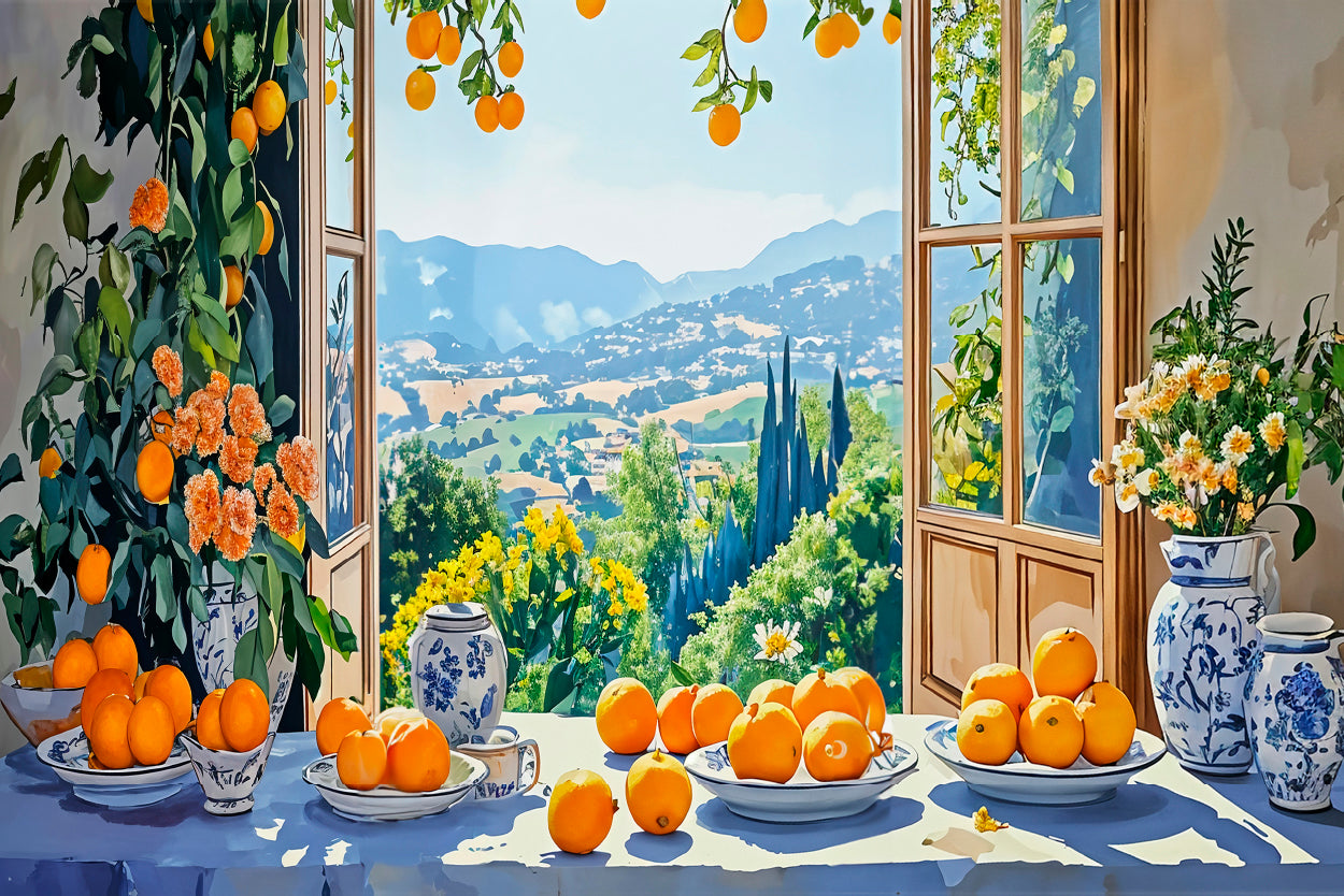 Mountains Through Orange Table Window Wall Art Decor 100% Australian Made