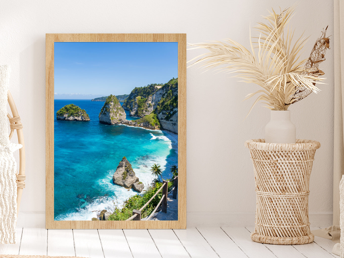 Nusa Penida View Photograph Bali Indonesia Glass Framed Wall Art, Ready to Hang Quality Print Without White Border Oak
