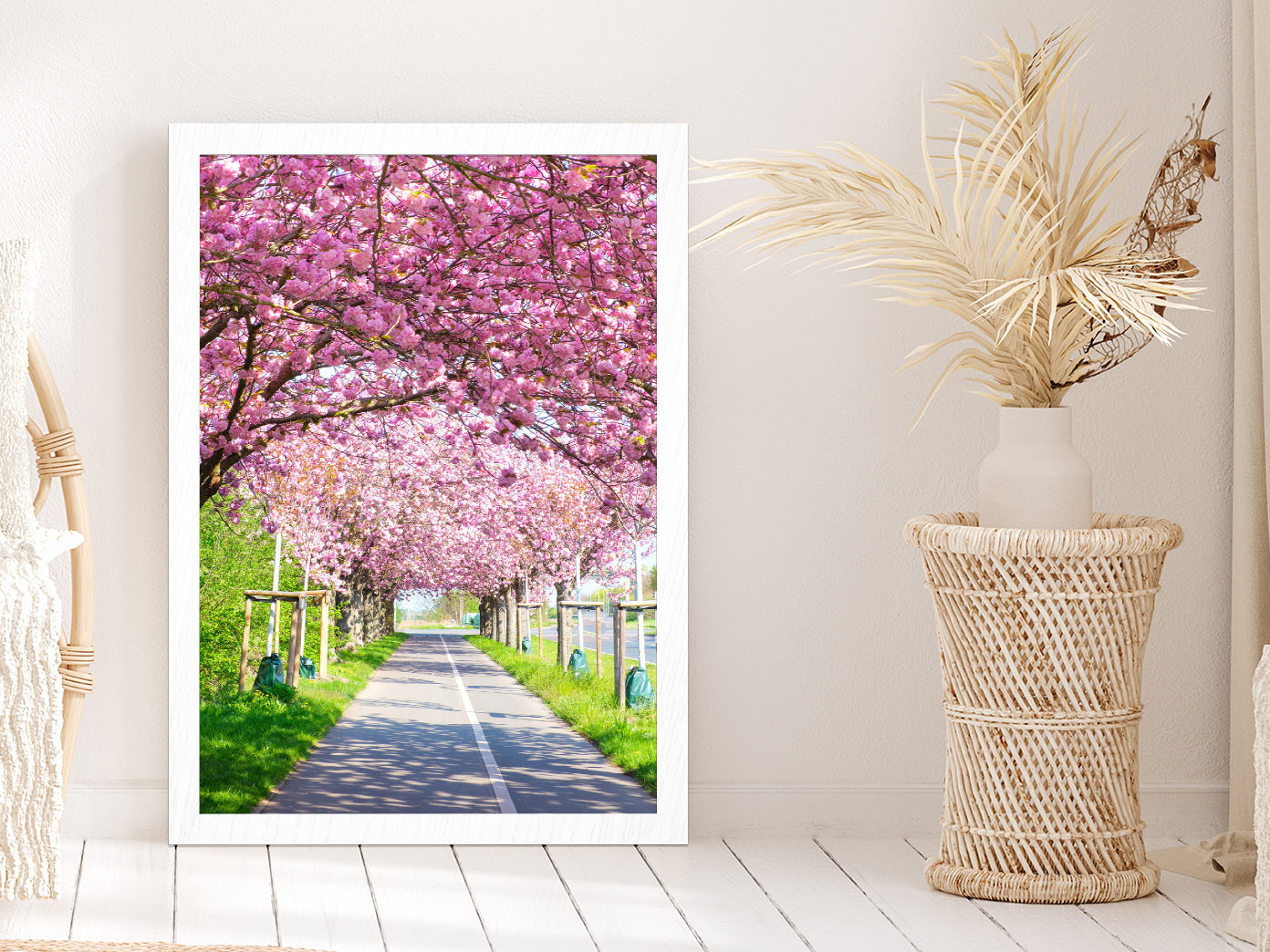 Blooming Pink Cherry Trees Spring Glass Framed Wall Art, Ready to Hang Quality Print Without White Border White
