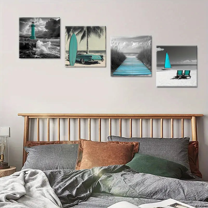 4pcs Ocean Waves Poster, Wall Art Canvas Framed