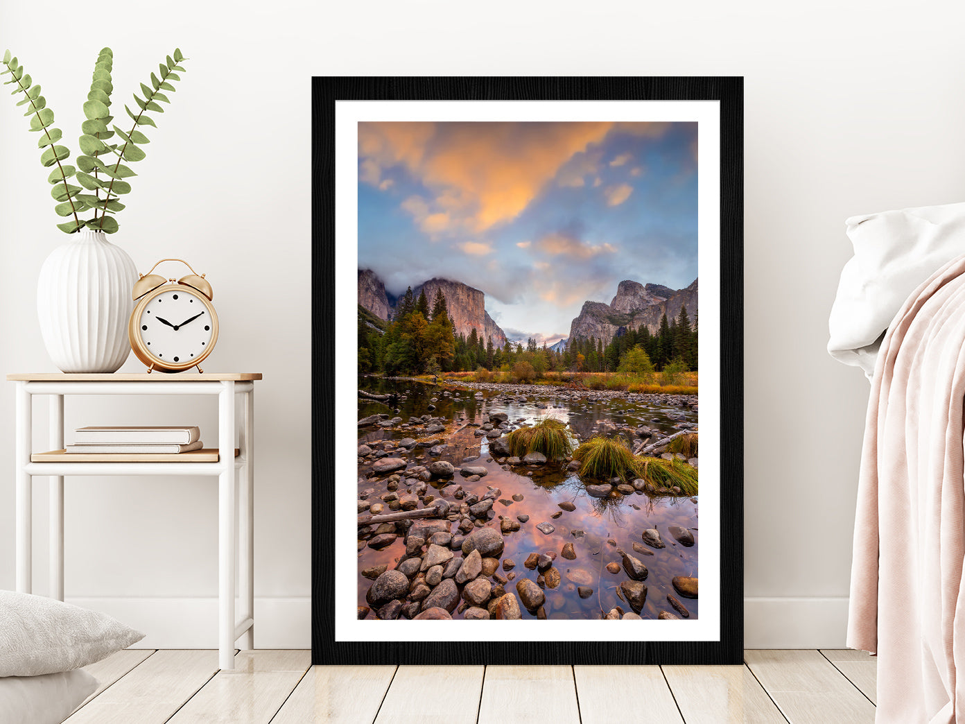 Landscape of Yosemite Park Autumn Glass Framed Wall Art, Ready to Hang Quality Print With White Border Black