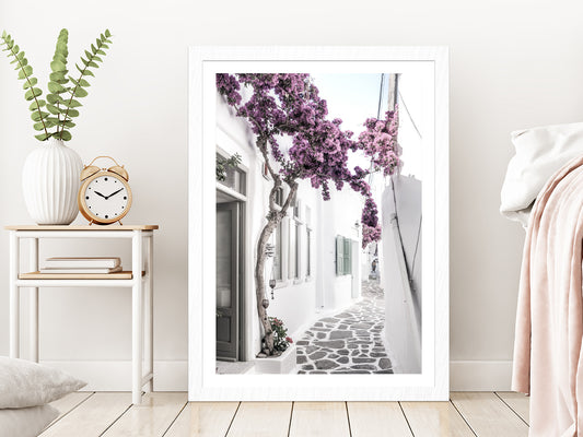 Flower Tree near House Faded Photograph Glass Framed Wall Art, Ready to Hang Quality Print With White Border White
